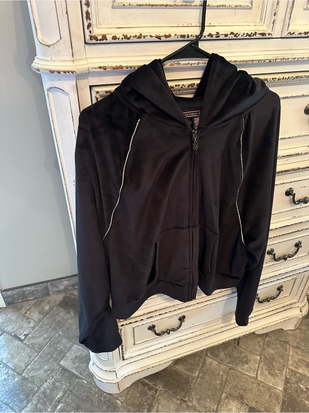 Victoria's Secret Black Velour Hooded Zip Jacket with Rhinestone Trim